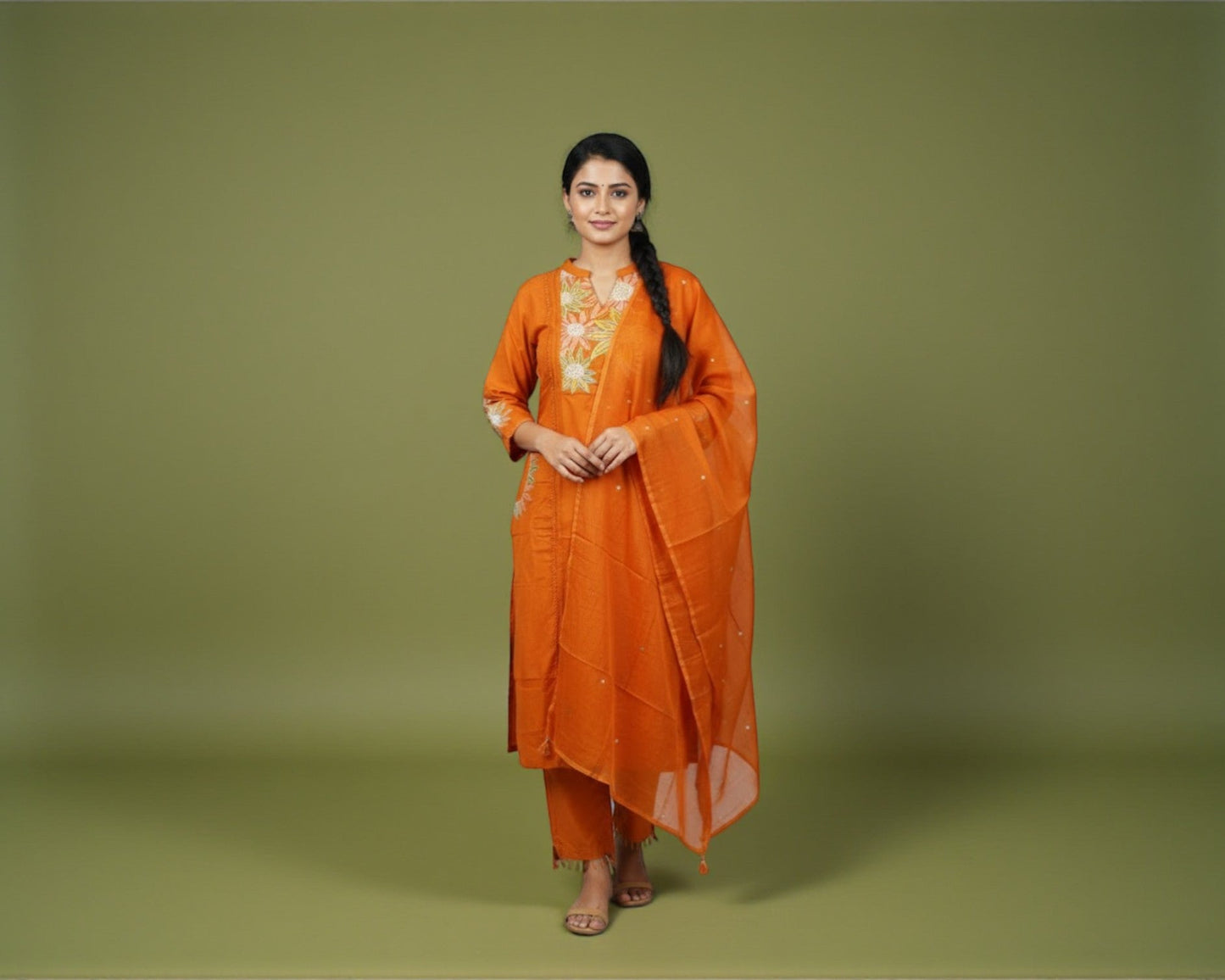 Rust Orange Close Neck Embroidered Kurti Set