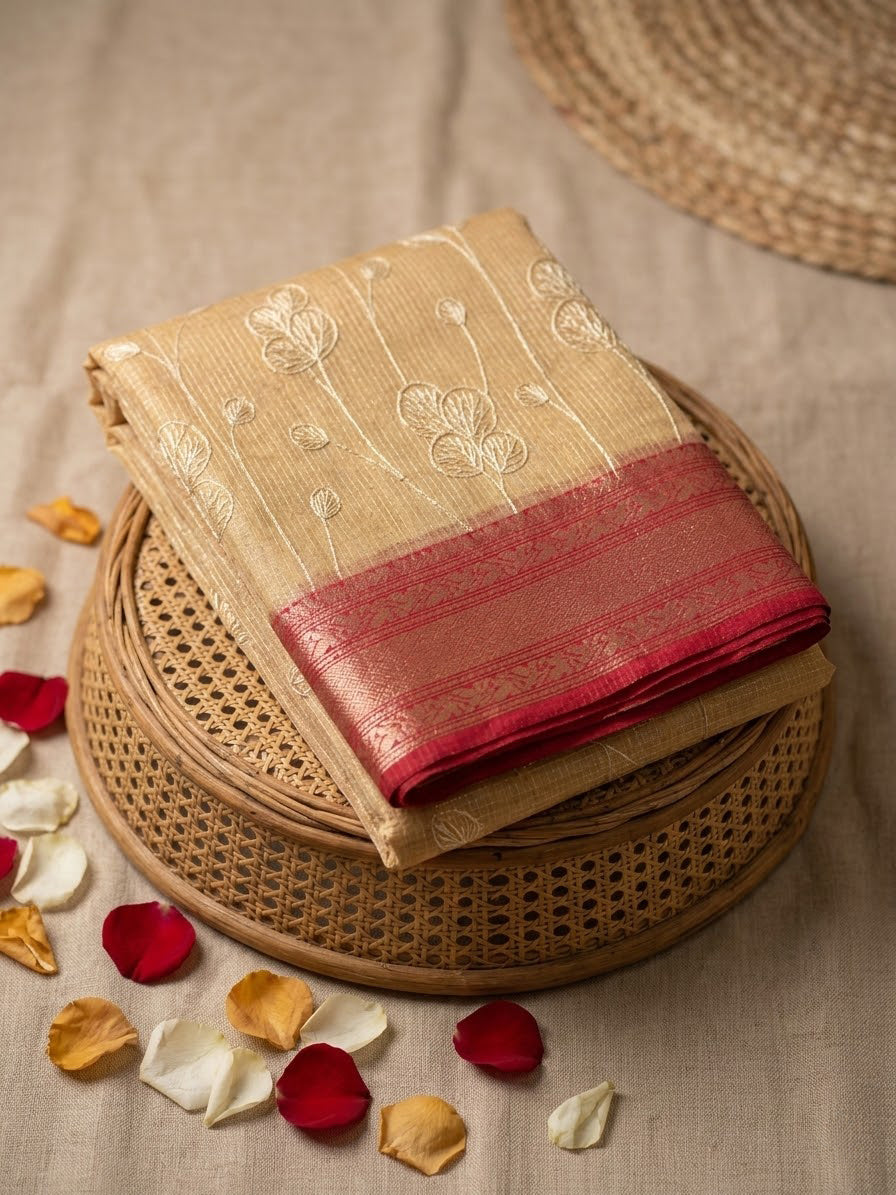 Beige Saree with Red Zari Border