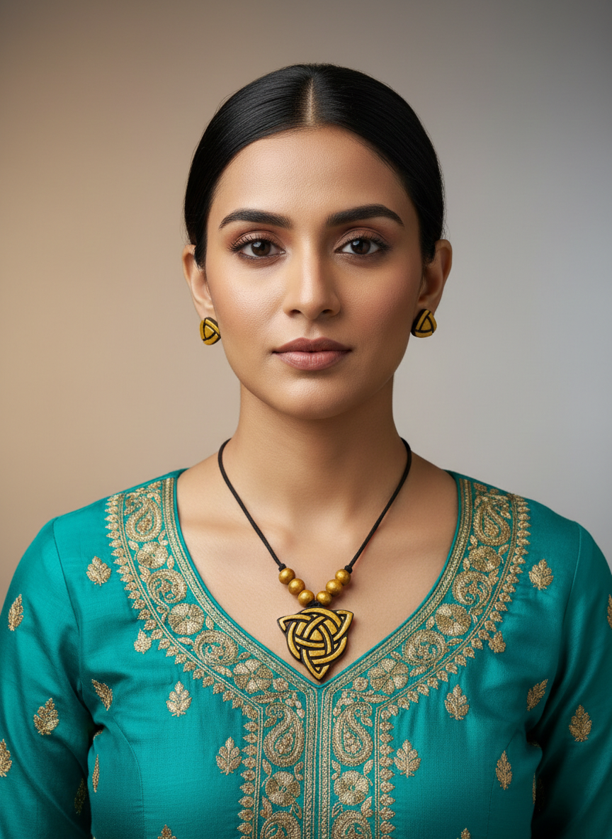 Royal Terracotta Pendant Necklace with Black Thread With Earring