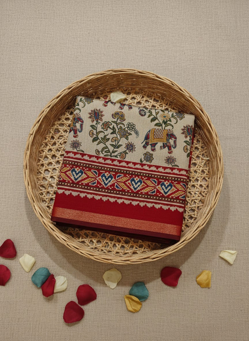 Floral Print Saree with Ethnic Border