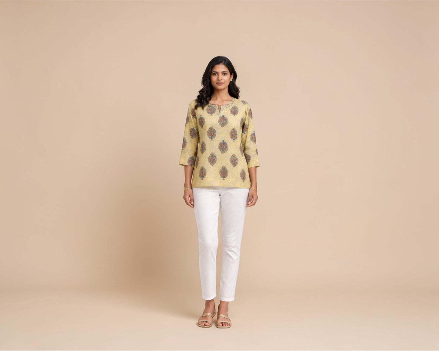 Pastel Cotton Round-Neck Tunic Top With Tree Print for Women