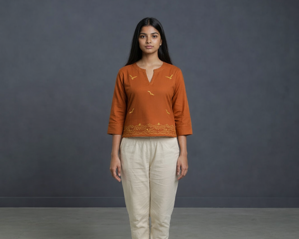 Orange Cotton Round-Neck Tunic Top with Bird Embroidery for Women