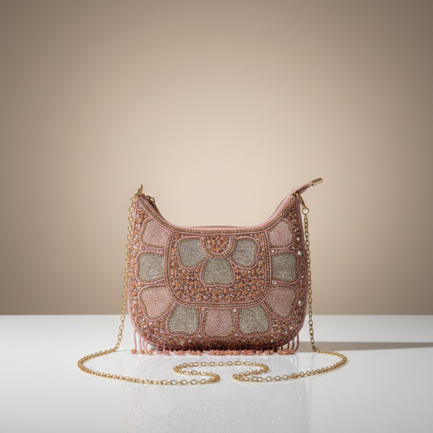 Women's Pink Chain Sling Party Bag, Heavy Bead Work, Single Compartment