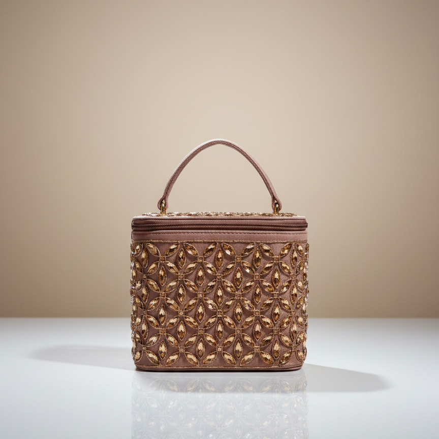 Women's Embellished Box Party Handbag, Heavy Bead Work, Top Handle (Rose Gold)