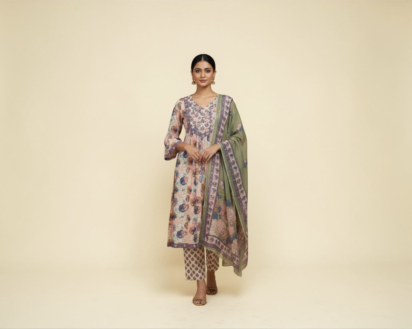 Pastel Green All-Over Floral Printed Kurti Set for Women