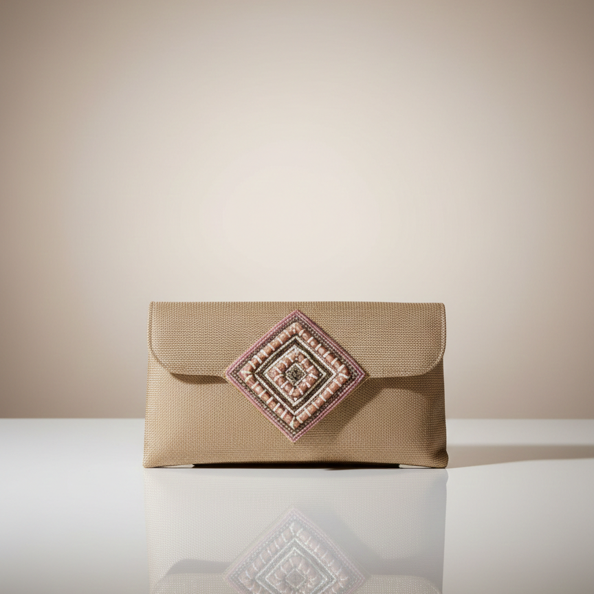 Women's Party Clutch, Stone Embellished Flap, Single Compartment (Copper & Black)