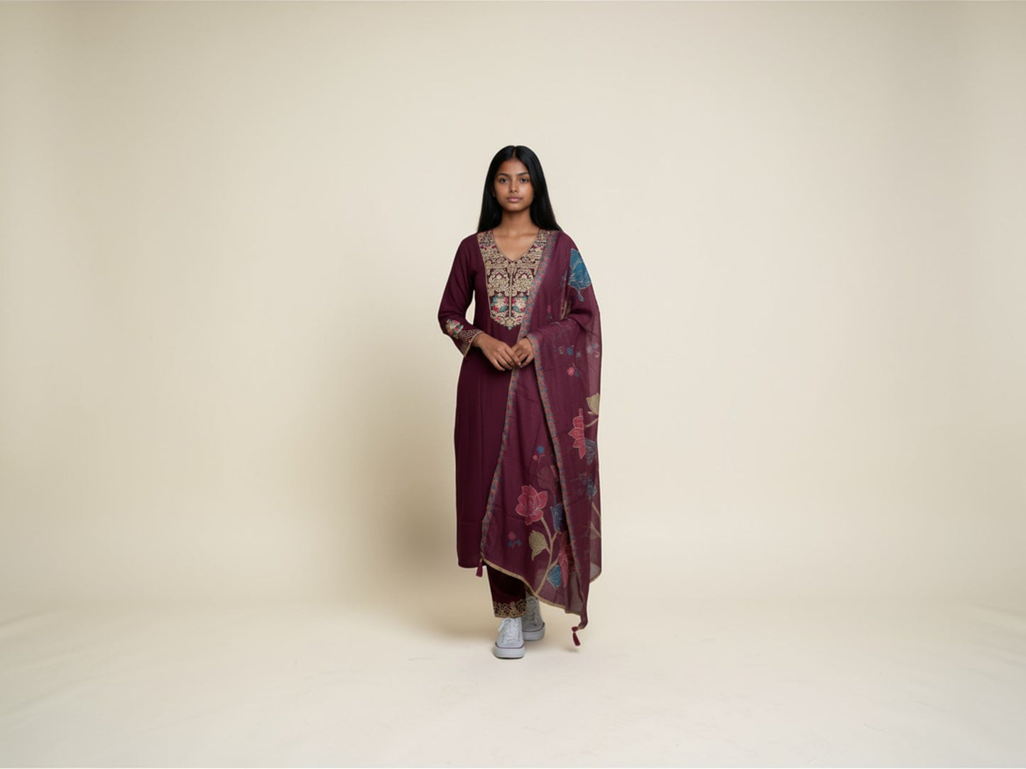 Wine Sequin & Bead-Embroidered Semi-Silk Full-Sleeve Kurti Set with Dupatta for Women