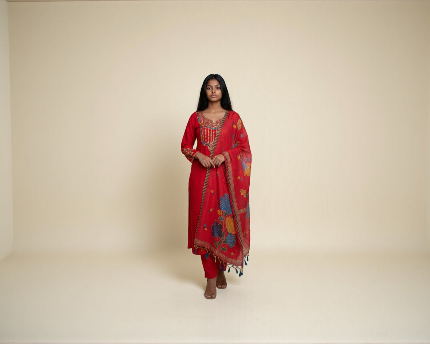 Rani Pink Sequin & Bead-Embroidered Semi-Silk Full-Sleeve Kurti Set with Dupatta for Women