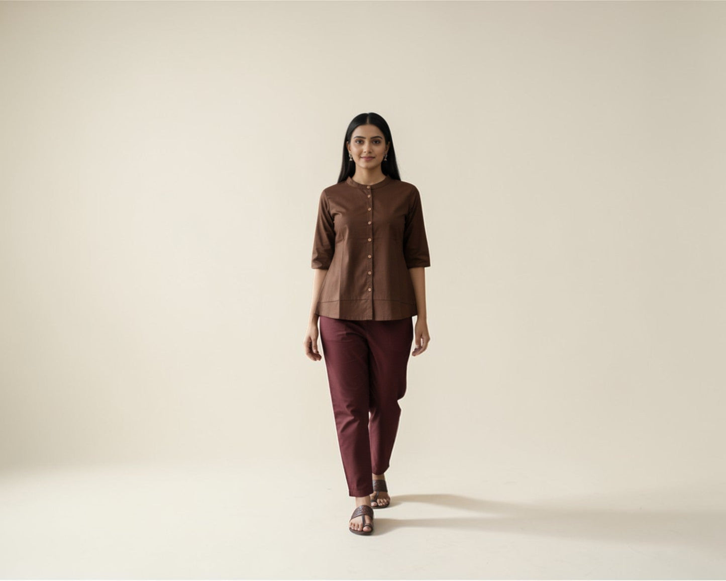 Brown Plain Close-Neck Cotton Tunic Top with White Buttons for Women
