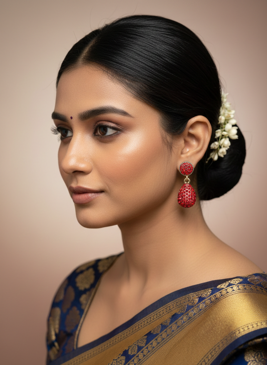 Traditional Red Stone Drop Jhumka Earrings