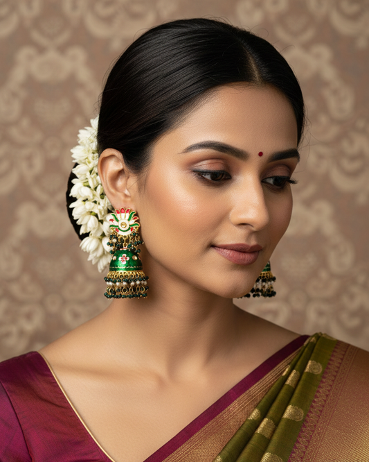 Traditional Green Temple Jhumka Earring Set