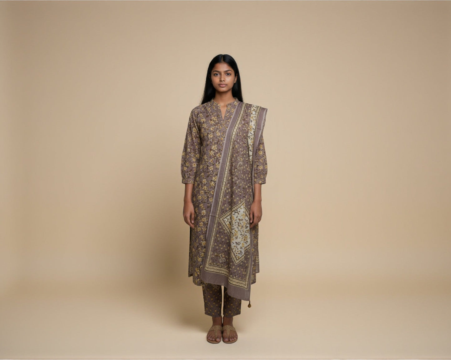 Grey V-Neck Floral Pattern Kurti Set with Tassels