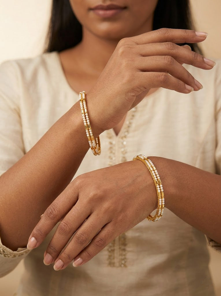 Traditional Gold Finish white beaded Bangles