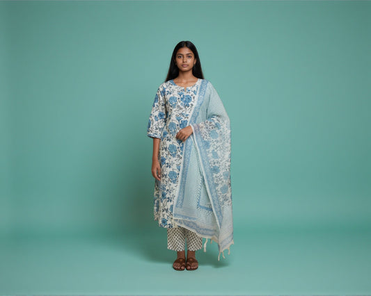 White & Blue Scallop Kurti Set with White Floral Embroidery & Tassels