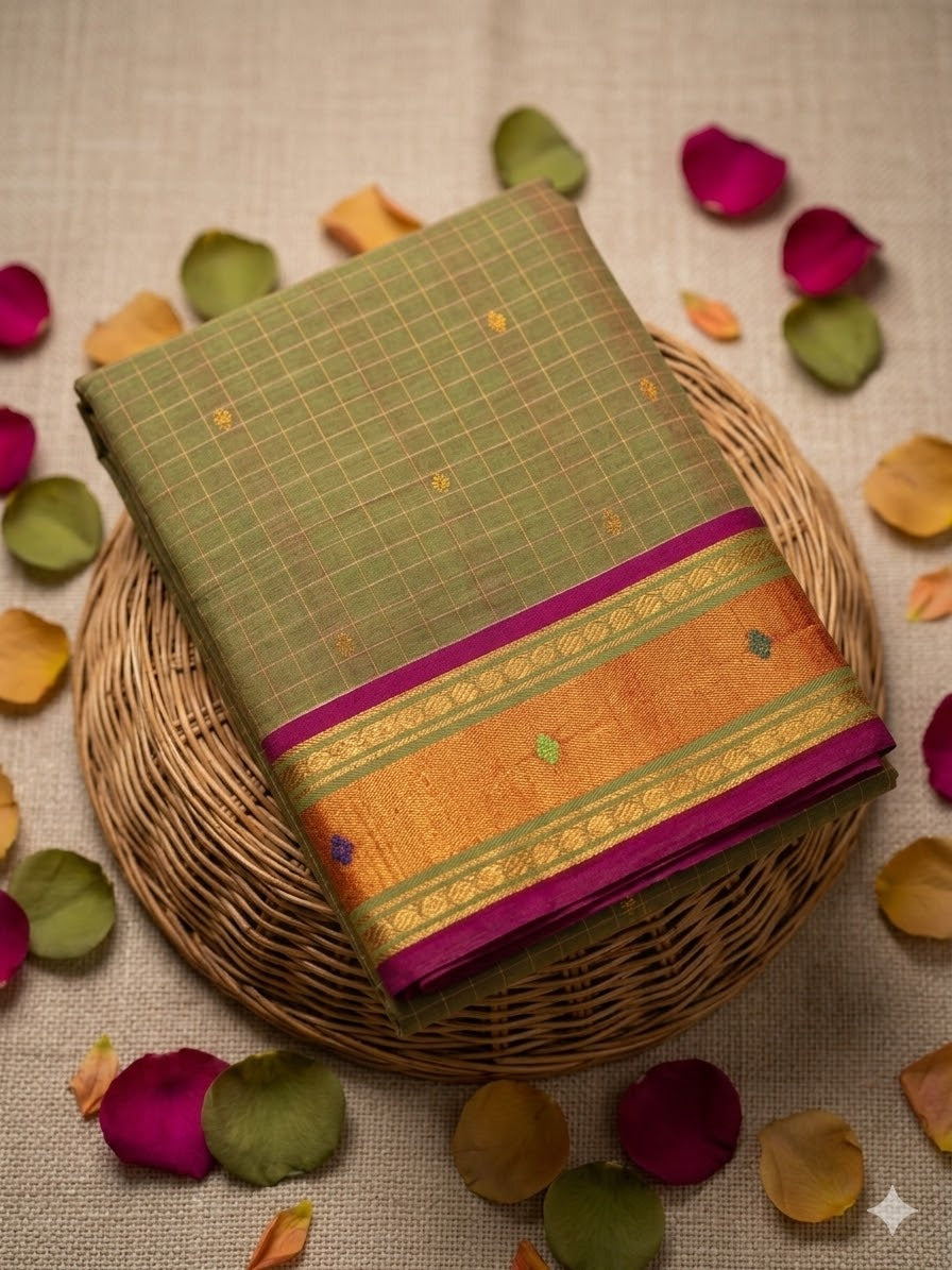 Olive Green Checkered Saree with Contrast Border