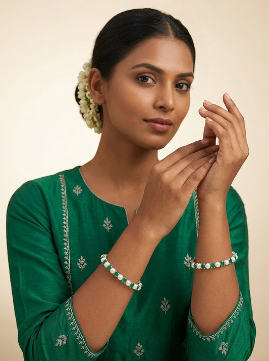 Delicate Pearl and Emerald Stone Bangles