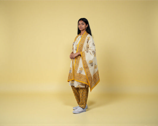 Beige & Yellow Close Neck Kurti Set