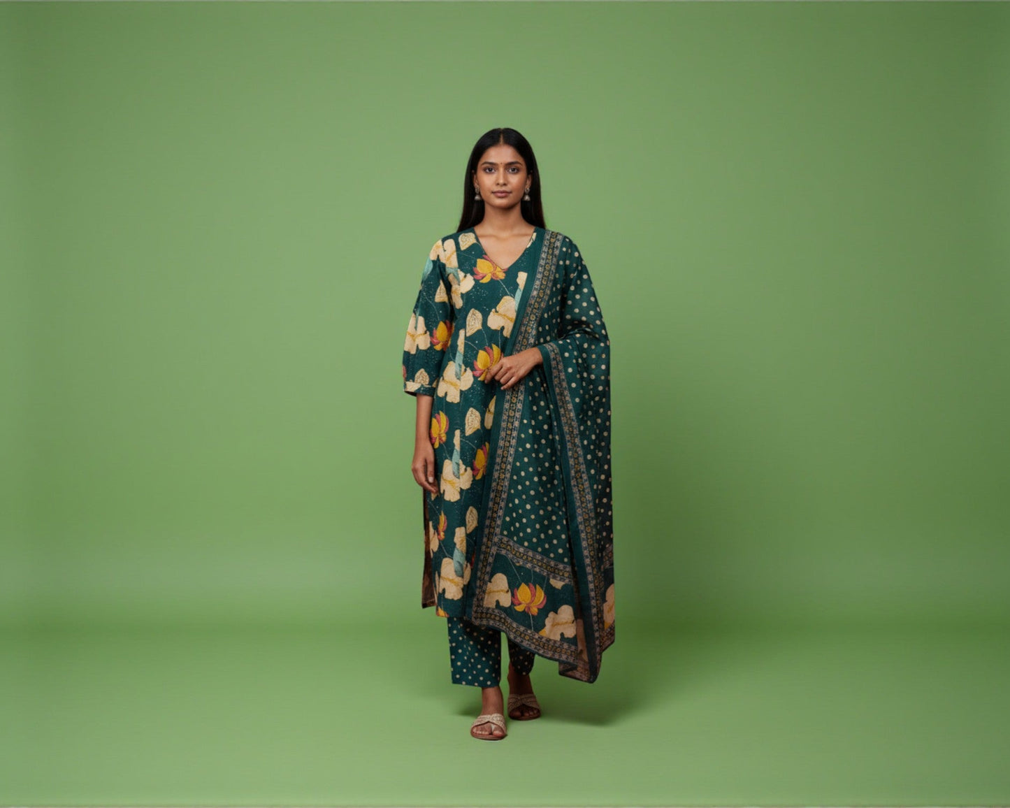 Peacock Green V-Neck Butta Floral Kurti Set for Women