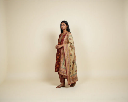 Brown Round Neck Thread & Zari Embroidered Kurti Set