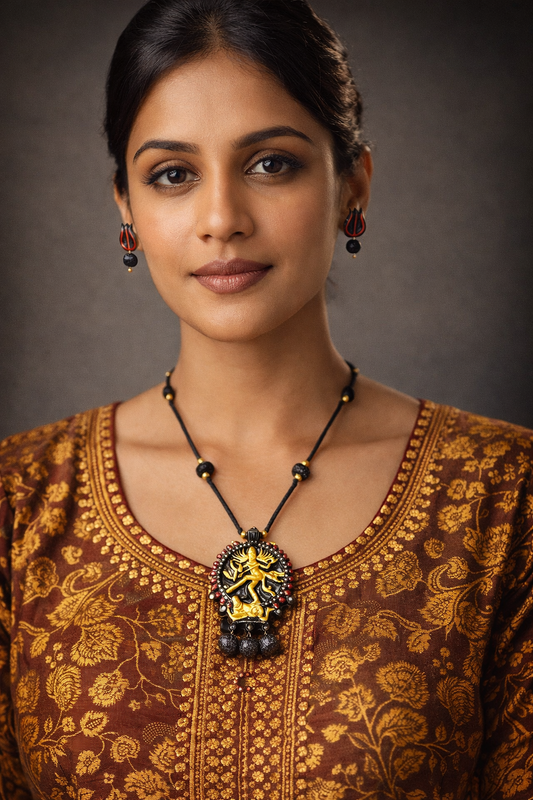 Antique Terracotta Statement Necklace with Black Thread