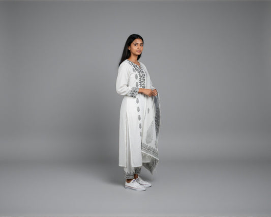 White & Black Round Neck Kurti Set