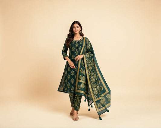 Green Round Neck Thread Embroidery & Sequin Work Cotton Kurti Set