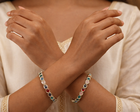 Multicolor Oval Stone Gold Finish Stone Bangle Set