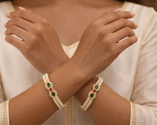 Green & Pearl Stone Bangle Set