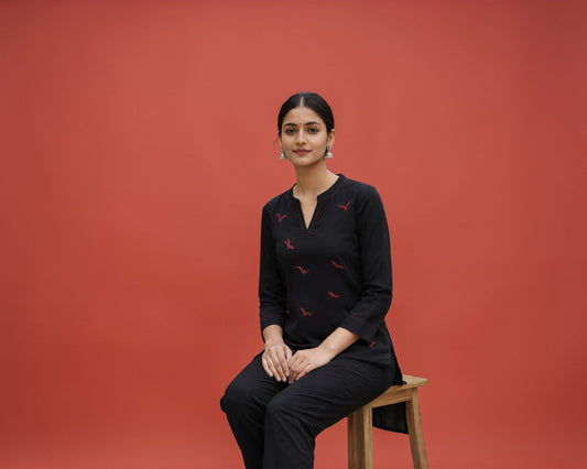 Black Bird-Embroidered Round-Neck Cotton Tunic Top for Women