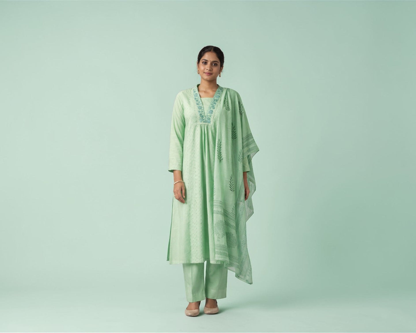 Pastel Green High Collar Embroidered Hakoba Kurti Set