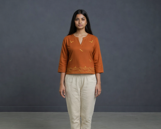 Orange Cotton Round-Neck Tunic Top with Bird Embroidery for Women