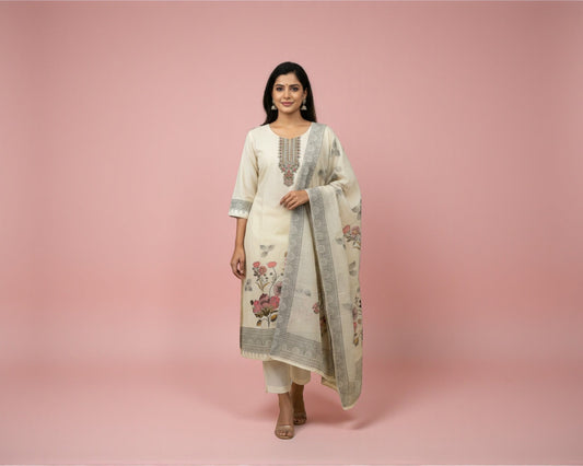 Beige Yoke Embroidery Sequin & Beads Work Silk Cotton Kurti Set