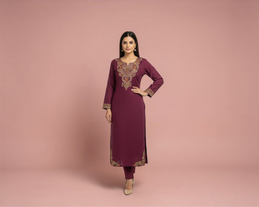 Pinkish Lavender Stone-Embroidered Yoke Kurti Set with Dupatta for Women