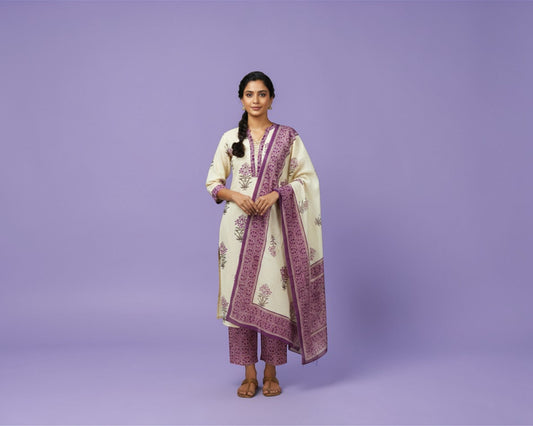 Beige & Purple V-Neck Kurti Set with Purple Floral Pant