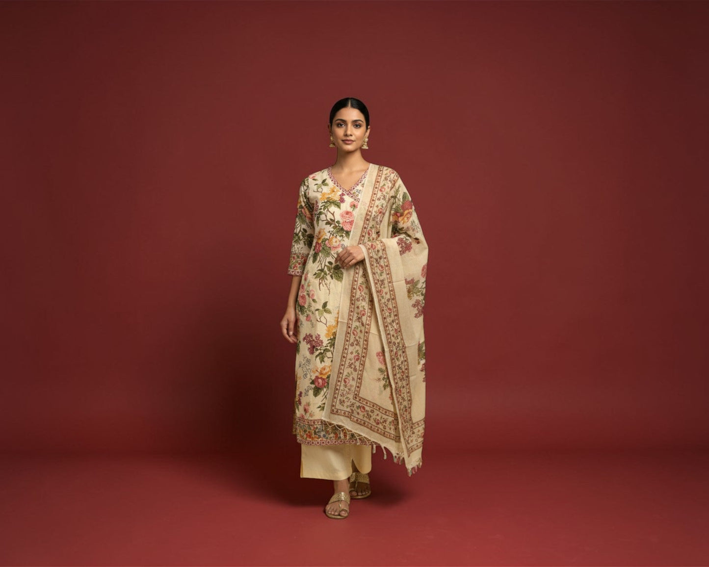 Beige V-Neck Thread Embroidery Kurti Set with Scallop Design