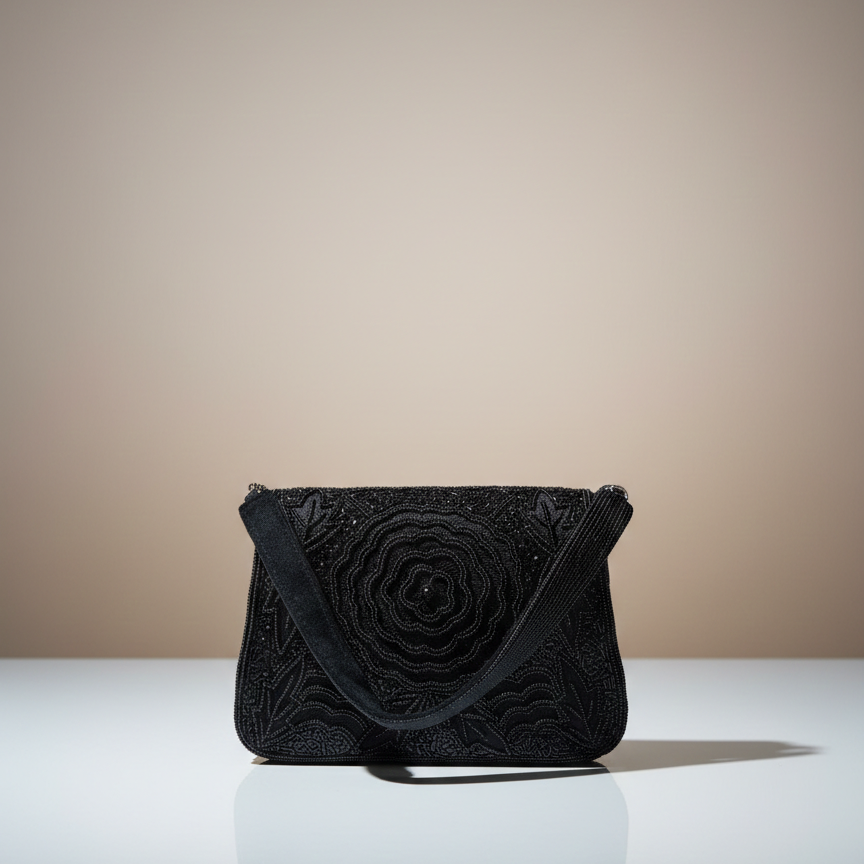 Women's Embellished Party Clutch Bag, Heavy Bead Work Flap Design (Black)