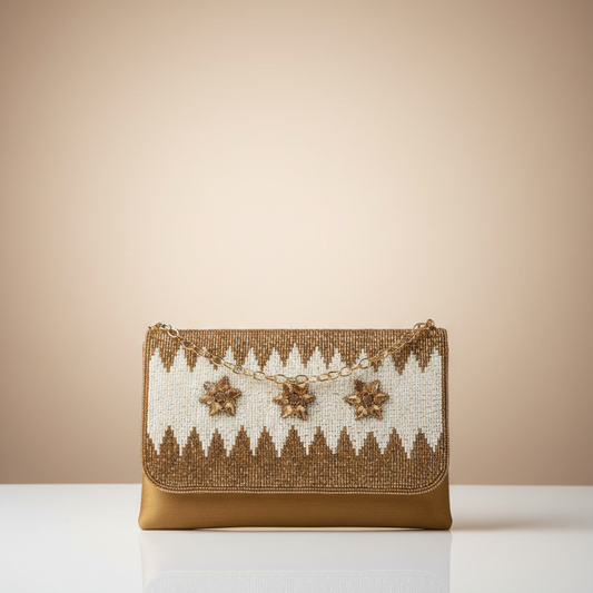 Women's Heavy Bead Work Chain Sling Bag, Single Compartment Party Wear