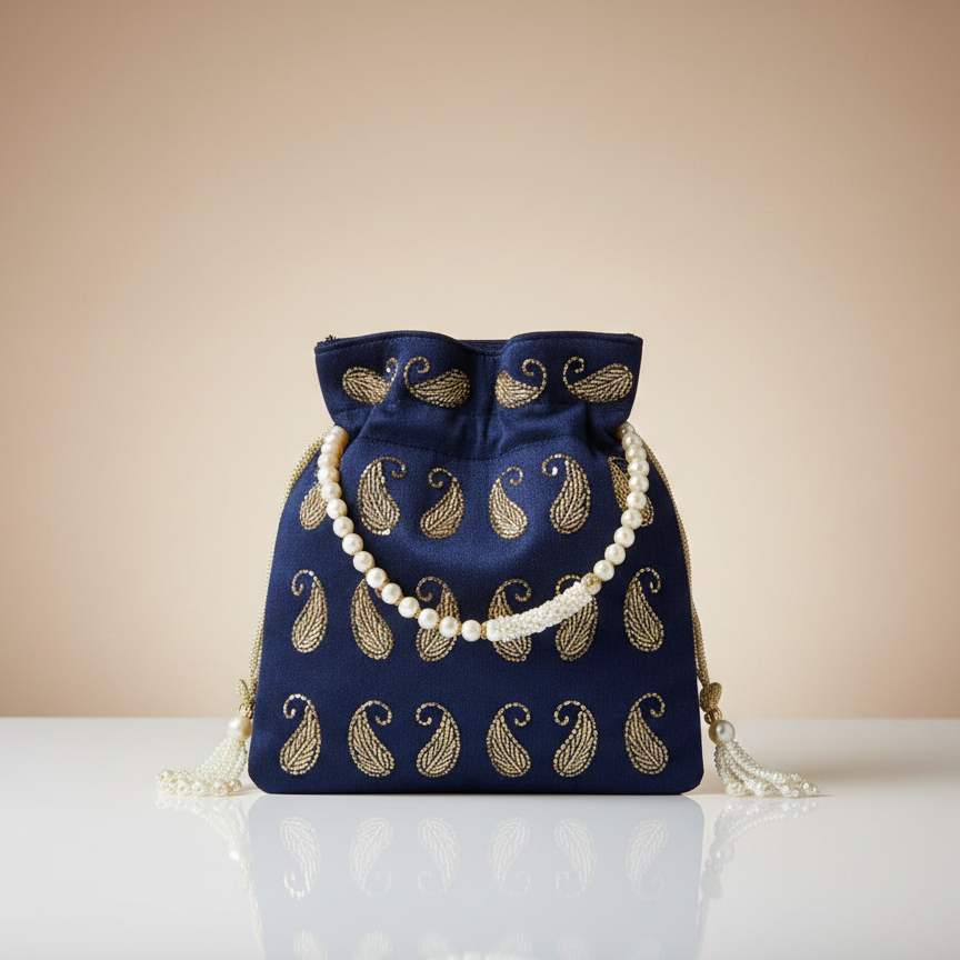 Women's Embroidered Potli Bag, Pearl Handle, Drawstring Closure (Navy Blue, Green, Red, Silver & Gold)