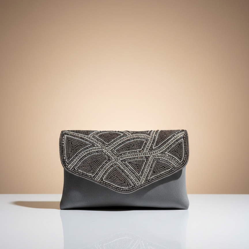 Women's Grey Chain Sling Party Bag, Heavy Bead Work, Single Compartment