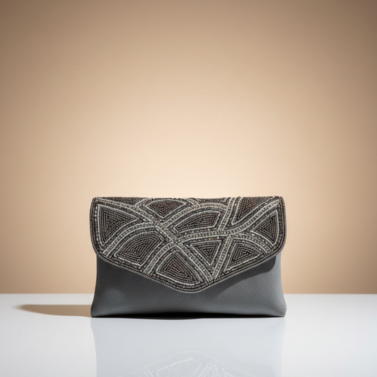 Women's Grey Chain Sling Party Bag, Heavy Bead Work, Single Compartment