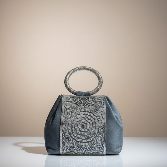 Women's Embroidered Party Handbag, Circular Handle, Heavy Bead Work Design (Grey)