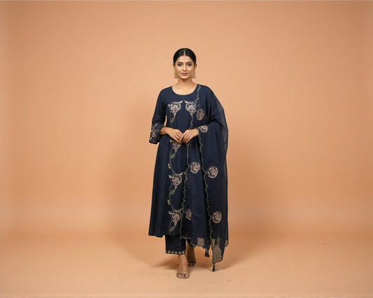 Navy Blue All-Over Floral Embroidery Kurti Set for Women