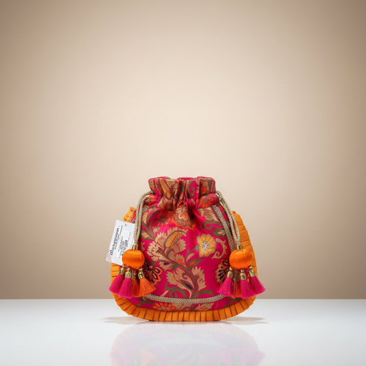 Women’s Rani Pink Embroidered Silk Potli Bag with Pearl Handle, Ethnic Designer Batwa Clutch