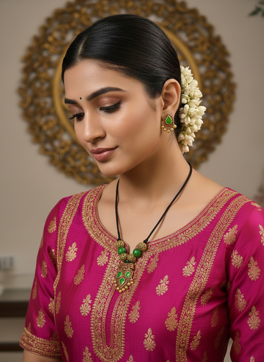 Emerald Green & Gold Terracotta Neckpiece (Black Thread)