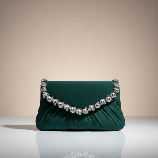 Women's Emerald Green Party Clutch, Stone Embellished Flap, Single Compartment