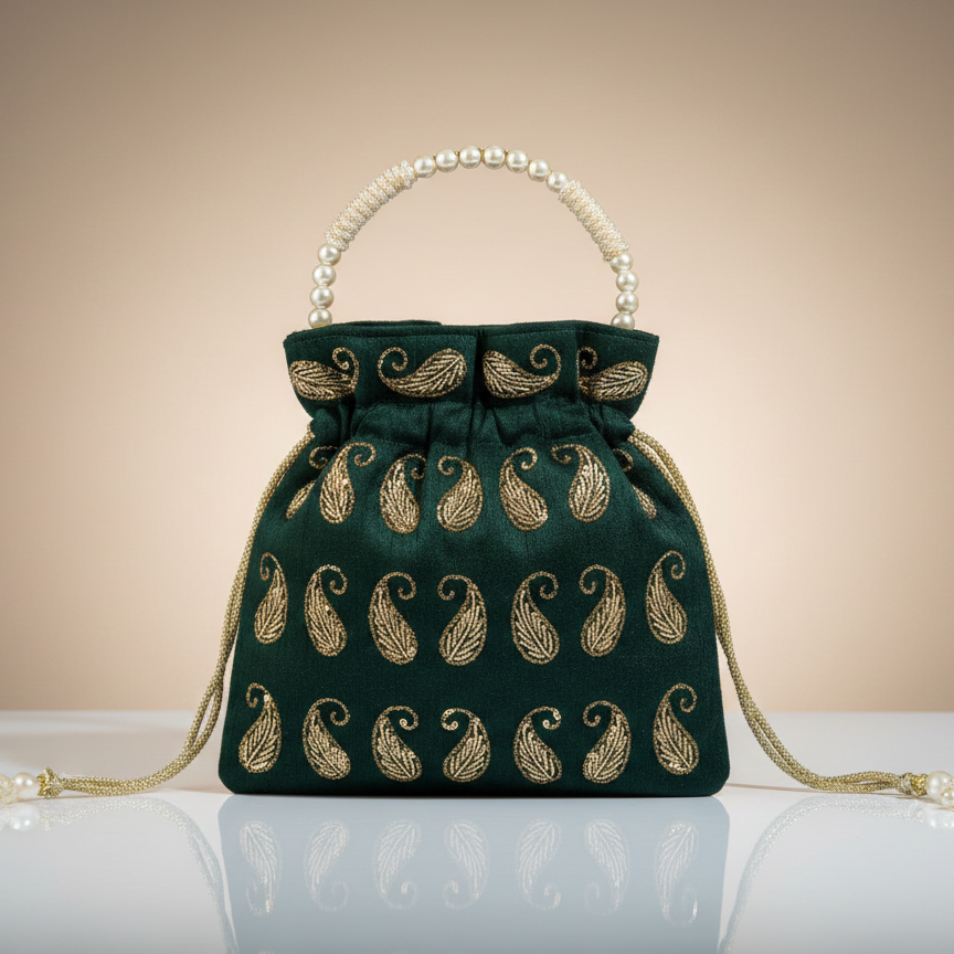 Women's Embroidered Potli Bag, Pearl Handle, Drawstring Closure (Navy Blue, Green, Red, Silver & Gold)