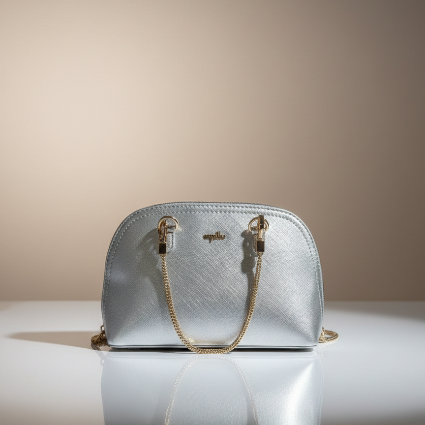 Women's Textured Chain Handle Handbag, Metallic Finish, Zip Closure (Silver)