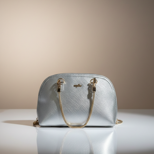 Women's Textured Chain Handle Handbag, Metallic Finish, Zip Closure (Silver)