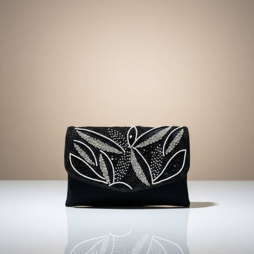 Women's Embellished Flap Party Sling Bag, Leaf Design Bead Work, Magnetic Closure (Black)