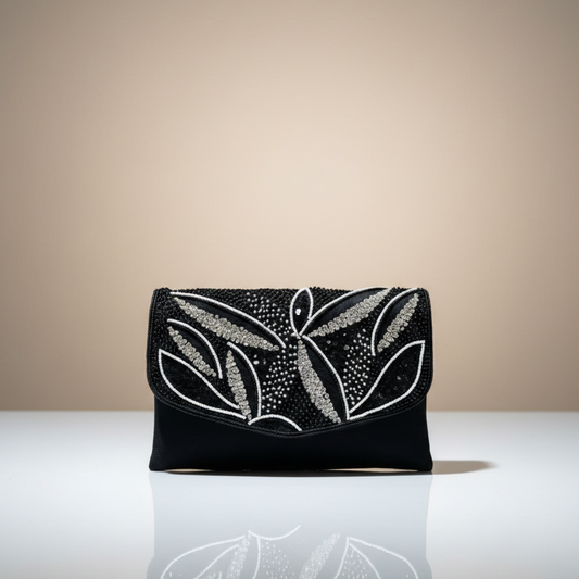 Women's Embellished Flap Party Sling Bag, Leaf Design Bead Work, Magnetic Closure (Black)
